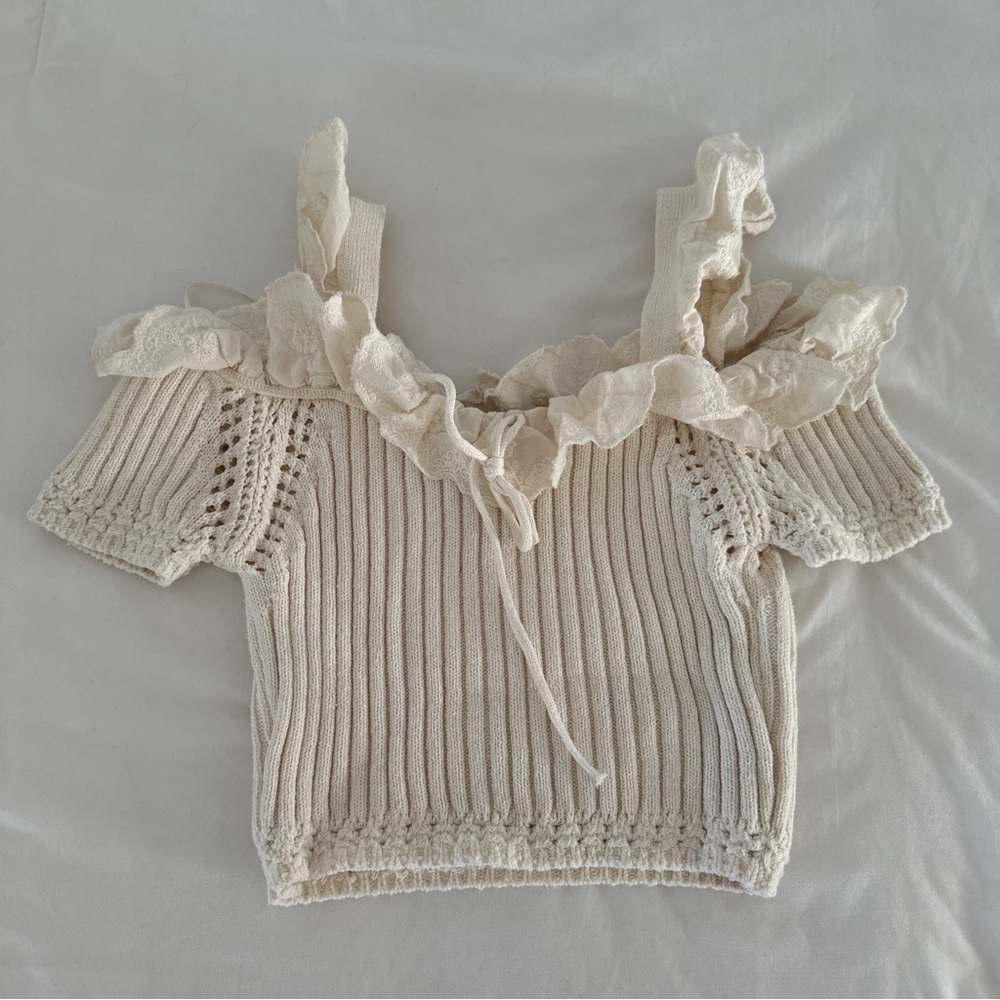 Zara Cream Ribbed Knit Off-Shoulder Crop Top with Lace Trim